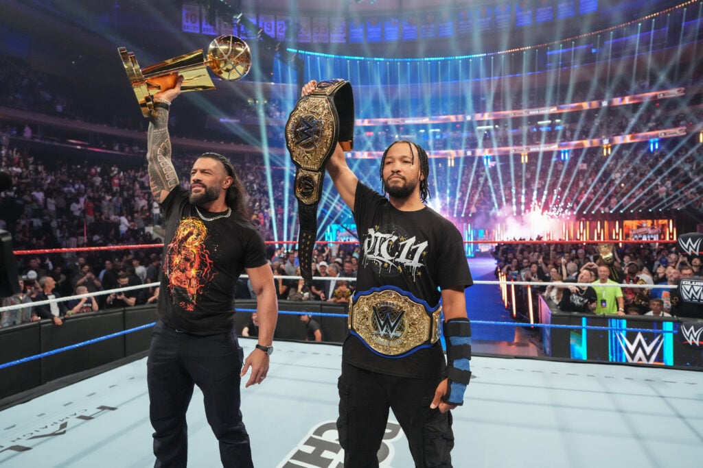 Roman Reigns and Jalen Brunson look on in ring during Saturday Night's Main Event at Madison Square Garden on July 18, 2026 in New York, United States.