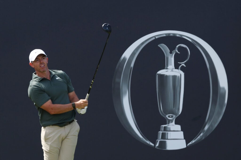 Rory McIlroy of Northern Ireland tees off on the first hole on day four of the The 154th Open Championship at Royal Birkdale