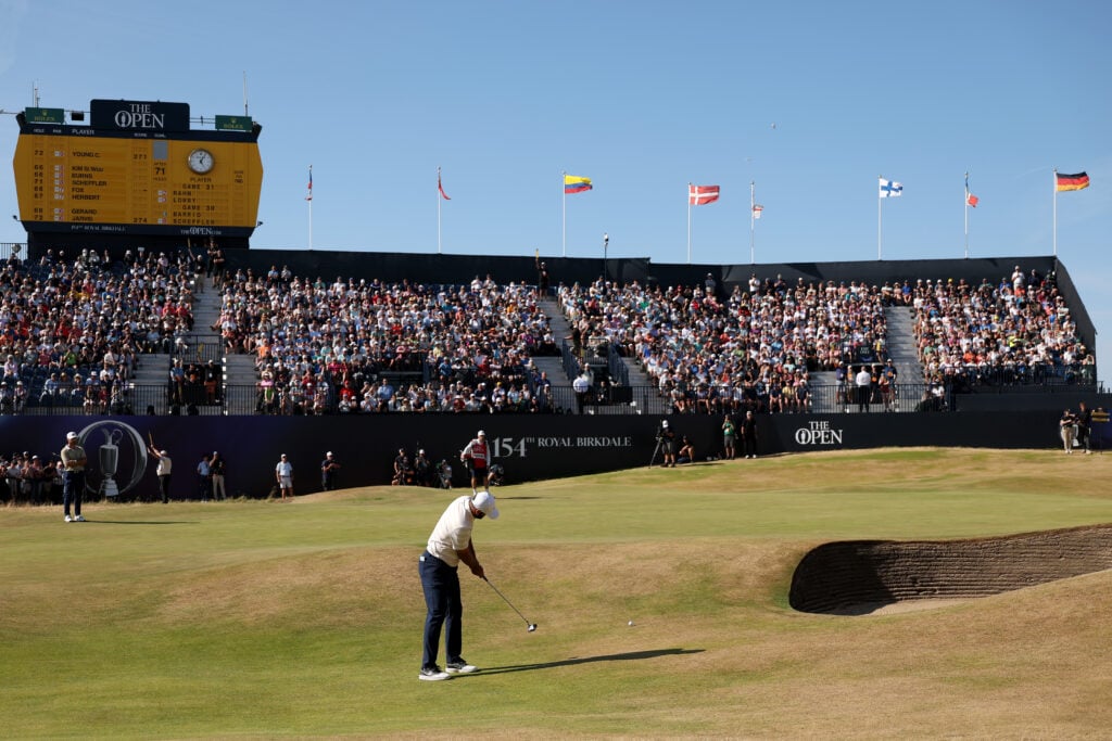 Scottie Scheffler putts from off the green during the final round of The Open Championship