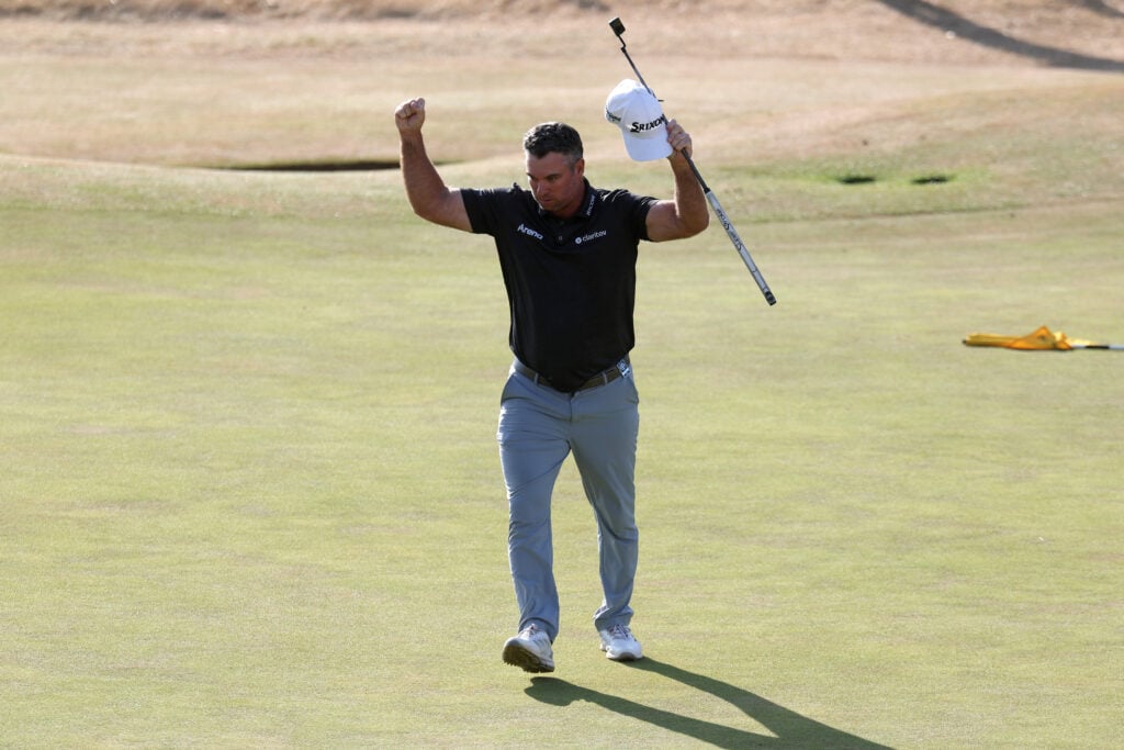 Ryan Fox celebrates victory on the 18th green on day four of the The 154th Open Championship at Royal Birkdale