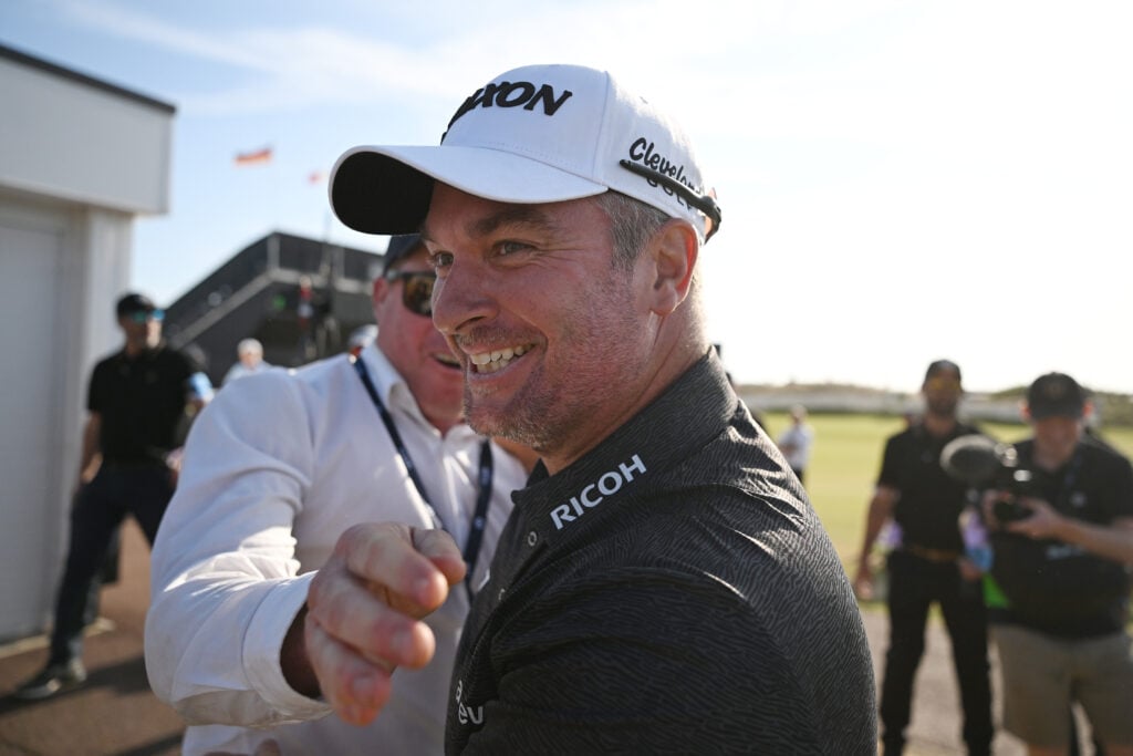 Ryan Fox celebrates victory on the 18th green during Day Four of the The 154th Open Championship at Royal Birkdale