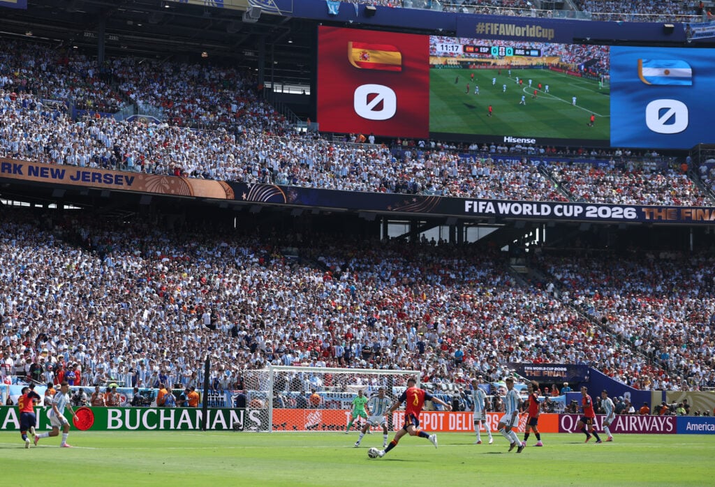 A general view as Fabian Ruiz #8 of Spain controls the ball during the FIFA World Cup 2026 Final match between Spain and Argentina at New York New Jersey Stadium