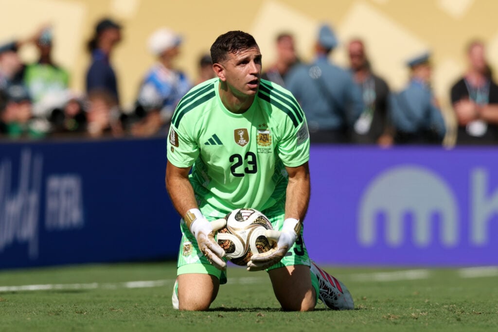 Emiliano Martinez #23 of Argentina looks on during the FIFA World Cup 2026 Final match between Spain and Argentina at New York New Jersey Stadium.