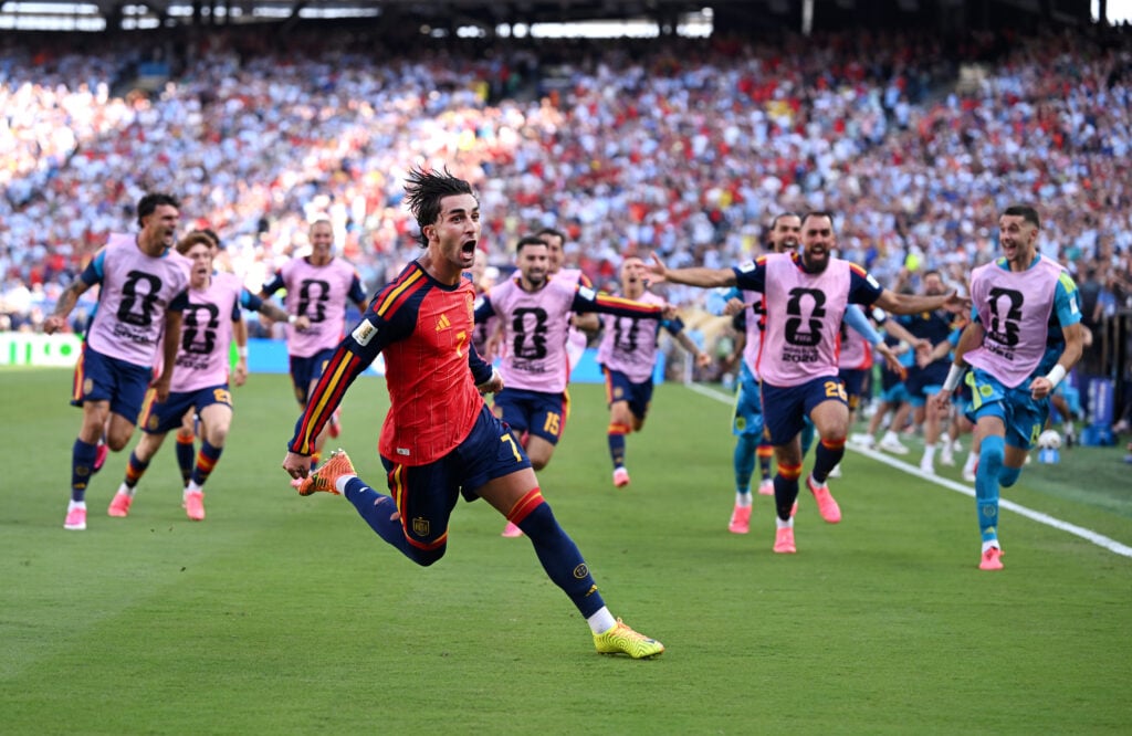 Ferran Torres #7 of Spain celebrates scoring his team's first goal during the FIFA World Cup 2026 Final match between Spain and Argentina at New York New Jersey Stadium.