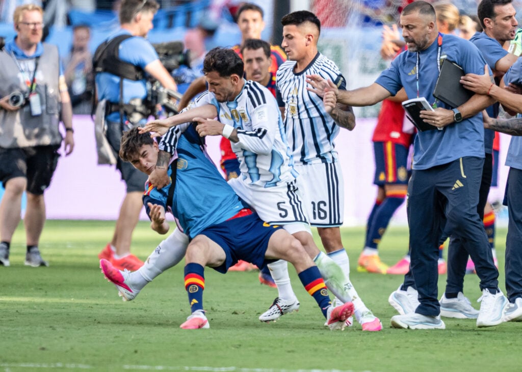 Leandro Paredes of Argentina (5) gets violent against Gavi of Spain (9) after the FIFA World Cup 2026 Final match between Spain and Argentina at New York New Jersey Stadium on July 19, 2026