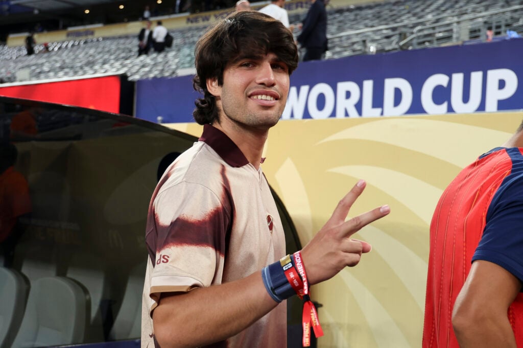 Carlos Alcaraz celebrates the victory on the pitch following the FIFA World Cup 2026 Final football match between Spain and Argentina at New York New Jersey Stadium on July 19, 2026 in East Rutherford, New Jersey.