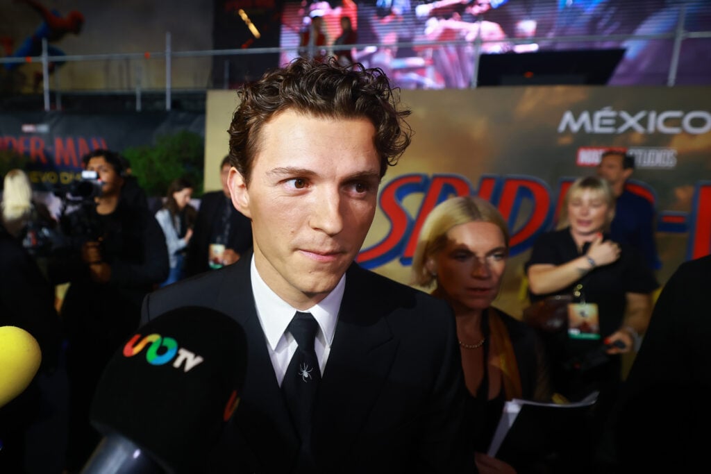 Tom Holland speaks with the media during the "Spiderman: Brand New Day" fan event at Aztlan Feria de Chapultepec on July 20, 2026 in Mexico City, Mexico.