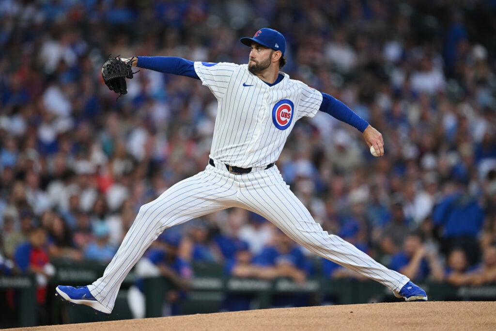 David Peterson #19 of the Chicago Cubs pitches against the Detroit Tigers during the first inning at Wrigley Field on July 21, 2026 in Chicago, Illinois.