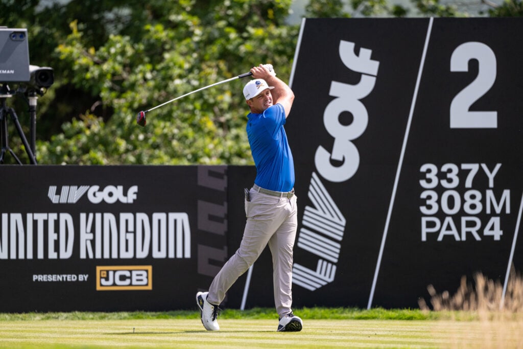 Bryson DeChambeau in action during day one of LIV Golf UK at JCB Golf & Country Club