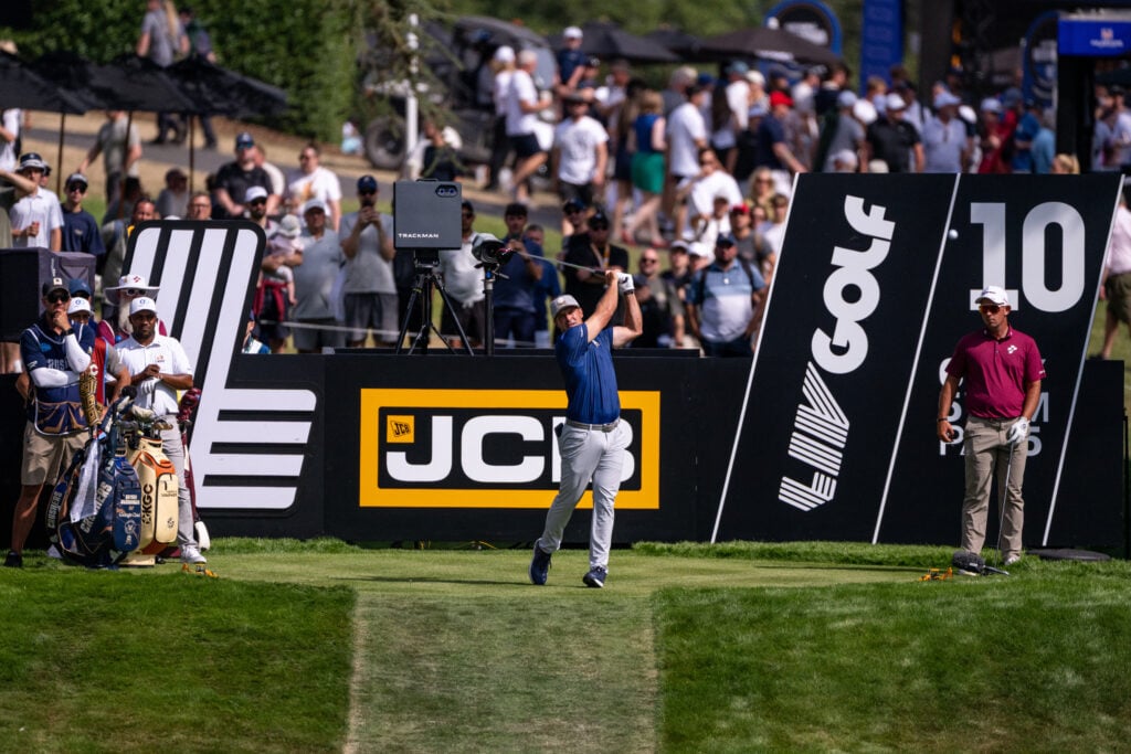 Bryson DeChambeau of Crushers GC tees off on hole 10 during day two of LIV Golf United Kingdom
