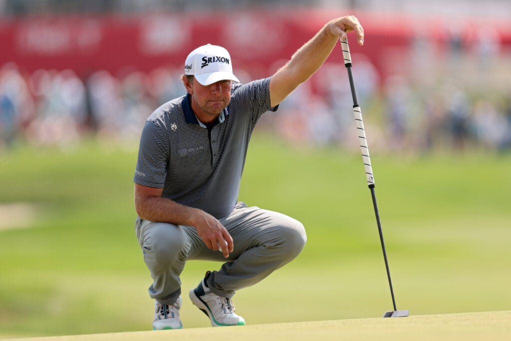 Lucas Glover reads a putt during the third round of the 3M Open