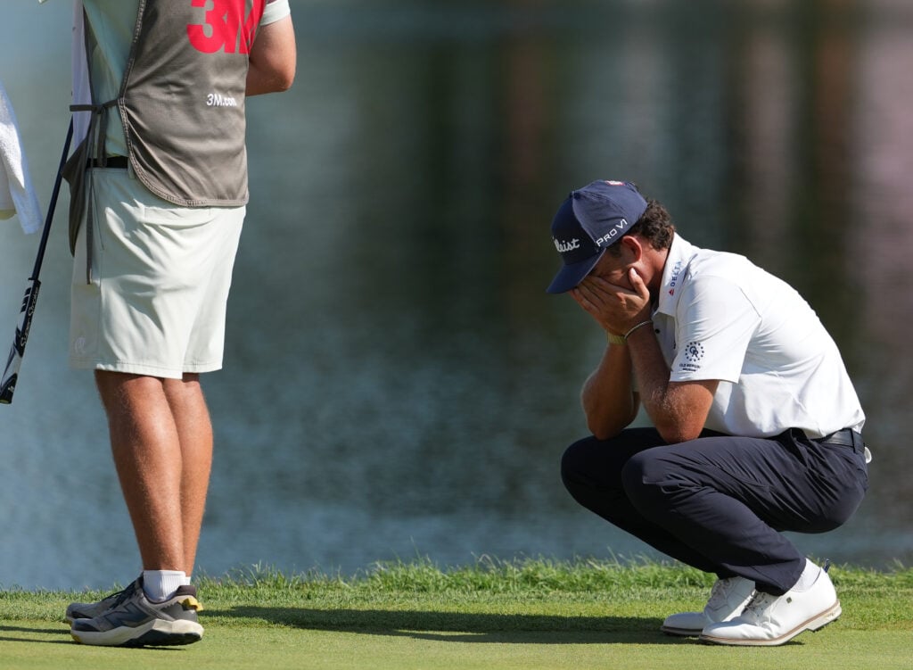 Jackson Koivun reacts on the 18th green after winning the 3M Open