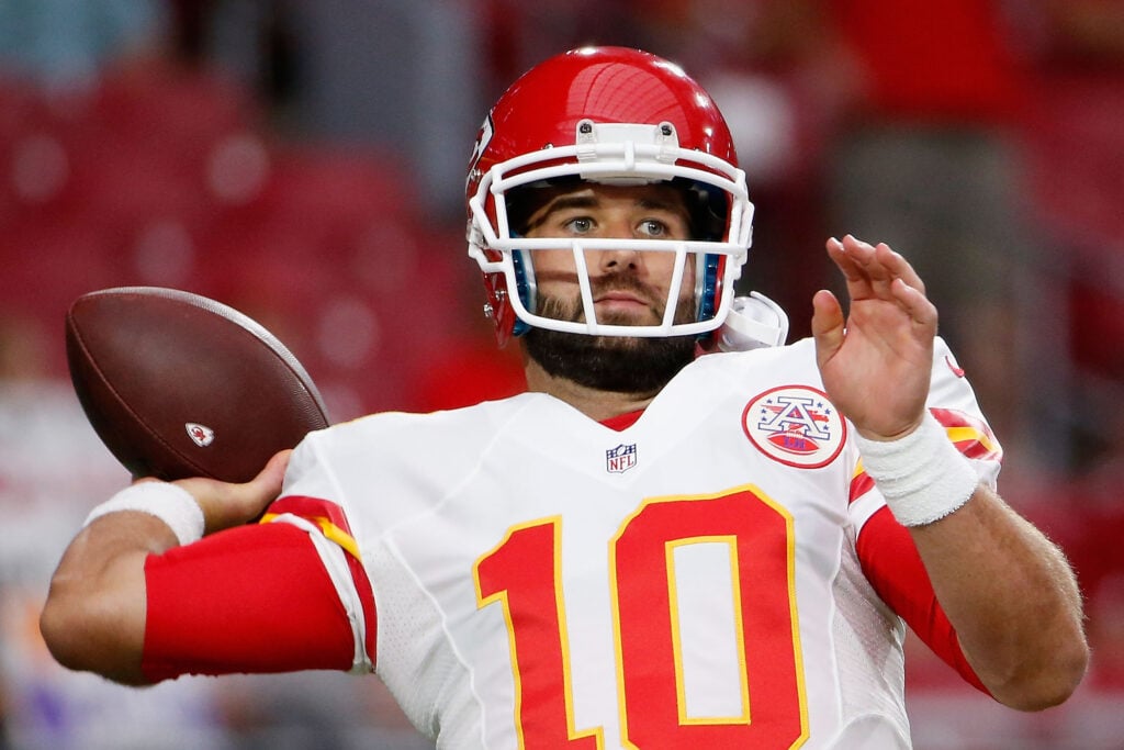 Quarterback Chase Daniel #10 of the Kansas City Chiefs warms up before the pre-season NFL game against the Arizona Cardinals at the University of Phoenix Stadium.