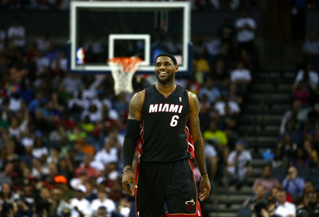 LeBron James #6 of the Miami Heat reacts after defeating the Charlotte Bobcats 109-98 in Game Four of the Eastern Conference Quarterfinals during the 2014 NBA Playoffs at Time Warner Cable Arena.