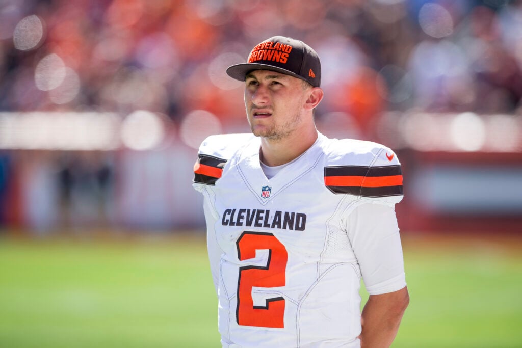 Quarterback Johnny Manziel #2 of the Cleveland Browns on the sidelines during the game against the Tennessee Titans at FirstEnergy Stadium on September 20, 2015 in Cleveland, Ohio.