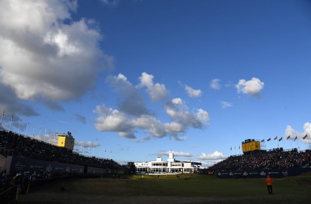 A general view of the 18th green and clubhouse during the first round of the 146th Open Championship at Royal Birkdale