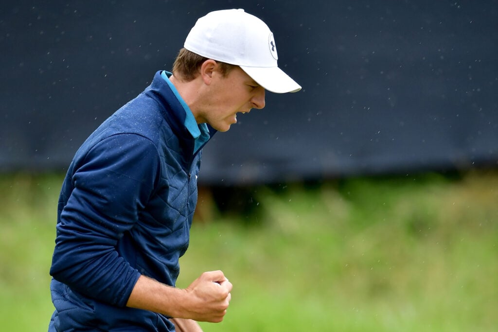Jordan Spieth celebrates making a birdie on the 14th hole during the final round of The Open Championship