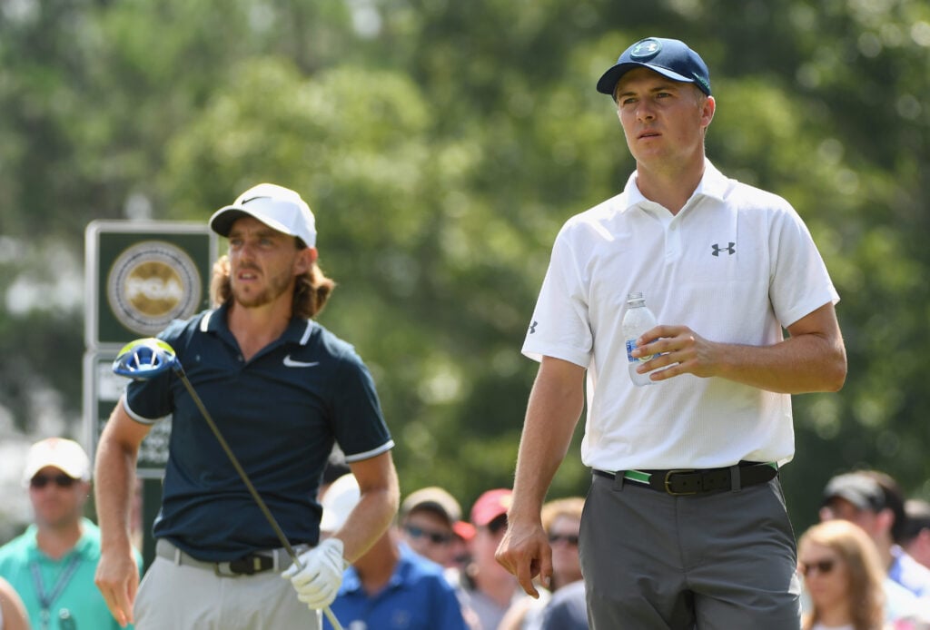 Tommy Fleetwood and Jordan Spieth on the third tee during the third round of the 2017 PGA Championship at Quail Hollow
