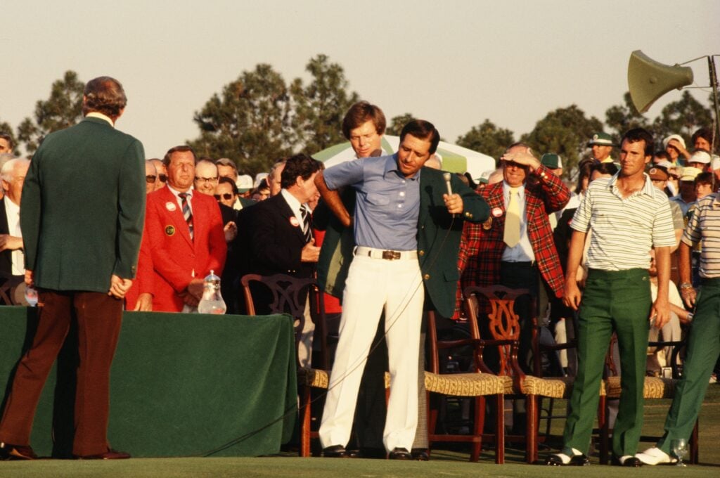 Gary Player is presented with the Green Jacket after his victory at The Masters in 1978