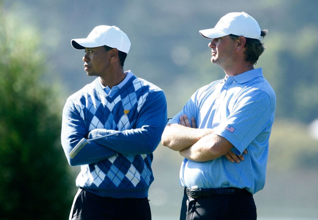 Tiger Woods and Lucas Glover during a practice round prior to The Presidents Cup at Harding Park Golf Course