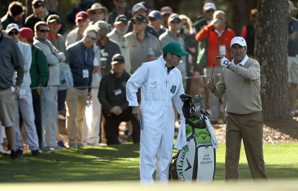 Jose Maria Olazabal prepares to hit a shot during the first round of The Masters